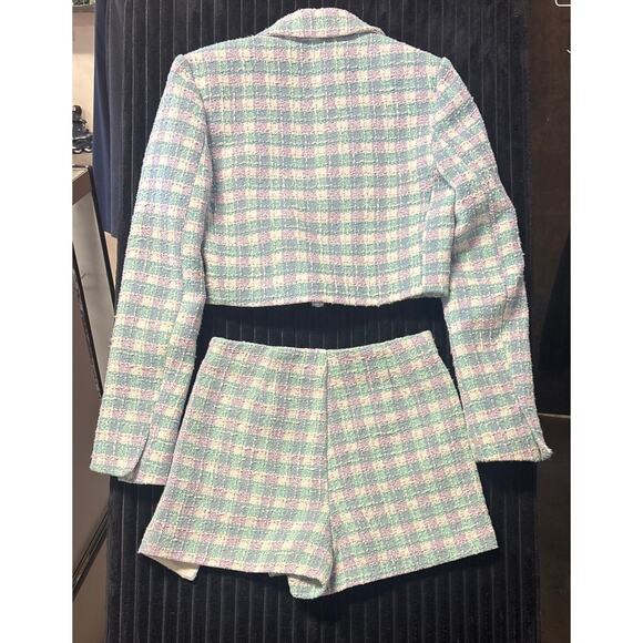 Zara Women’s Tweed Plaid Bouclé Jacket & Skort Set XS Teal Purple White - Picture 2 of 5